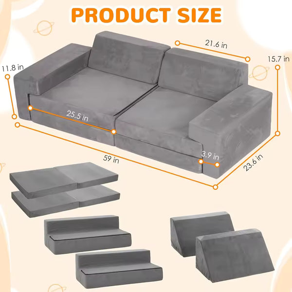 Versatile 8-Piece Modular Sofa Set in Grey - Soft Washable Cushions for Customizable Living Spaces