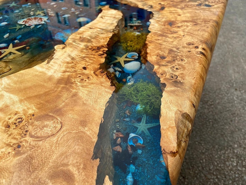 Custom Poplar Wood River Blue Green Tropical Design Aquarium Epoxy Dining Table, Ocean Resin Table, Coffee Table,Kitchen Table