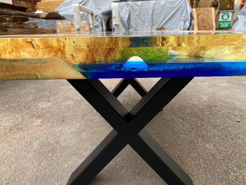 Custom Poplar Wood River Blue Green Tropical Design Aquarium Epoxy Dining Table, Ocean Resin Table, Coffee Table,Kitchen Table