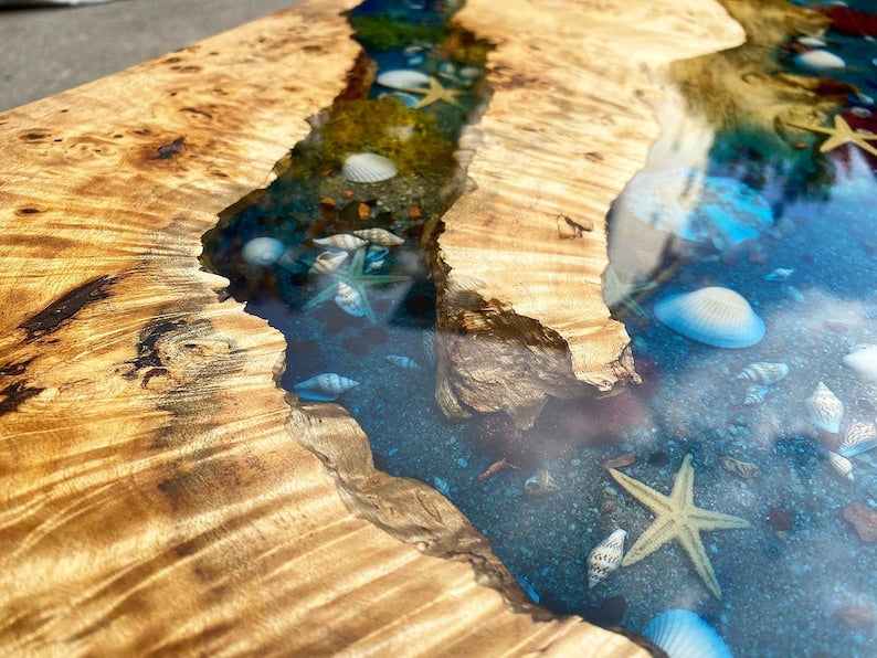 Custom Poplar Wood River Blue Green Tropical Design Aquarium Epoxy Dining Table, Ocean Resin Table, Coffee Table,Kitchen Table