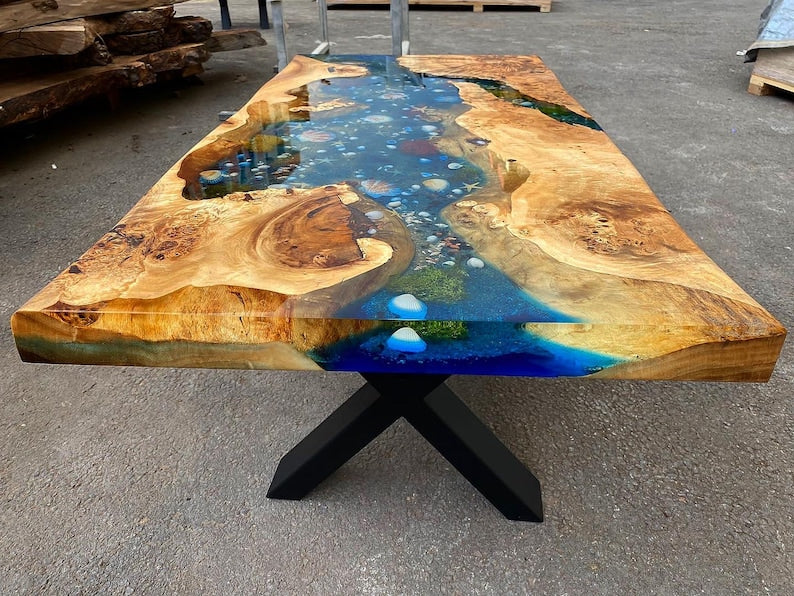Custom Poplar Wood River Blue Green Tropical Design Aquarium Epoxy Dining Table, Ocean Resin Table, Coffee Table,Kitchen Table