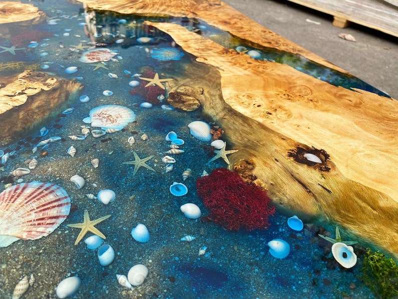 Custom Poplar Wood River Blue Green Tropical Design Aquarium Epoxy Dining Table, Ocean Resin Table, Coffee Table,Kitchen Table