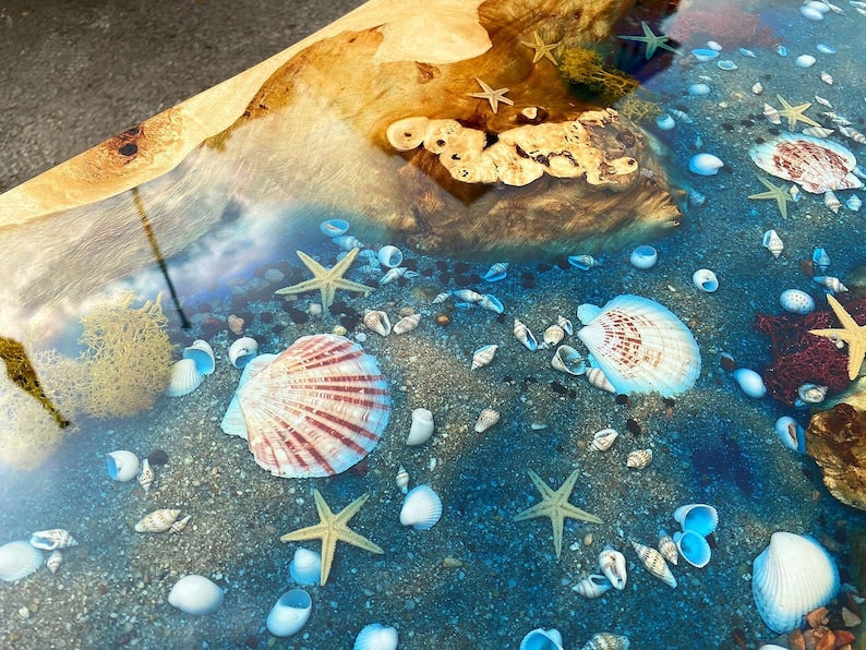 Custom Poplar Wood River Blue Green Tropical Design Aquarium Epoxy Dining Table, Ocean Resin Table, Coffee Table,Kitchen Table