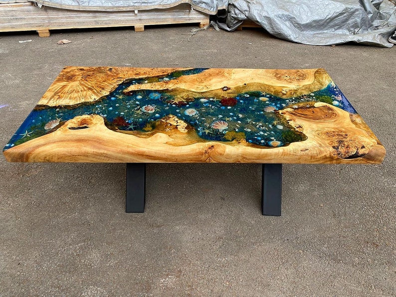 Custom Poplar Wood River Blue Green Tropical Design Aquarium Epoxy Dining Table, Ocean Resin Table, Coffee Table,Kitchen Table