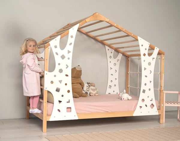 BusyWood Montessori Climbing Bed, Wooden Kids Playing Bed Frame, Toddler Climbing Gym Bed, Wooden Activity Gym, Kids Bed with Climbing Wall