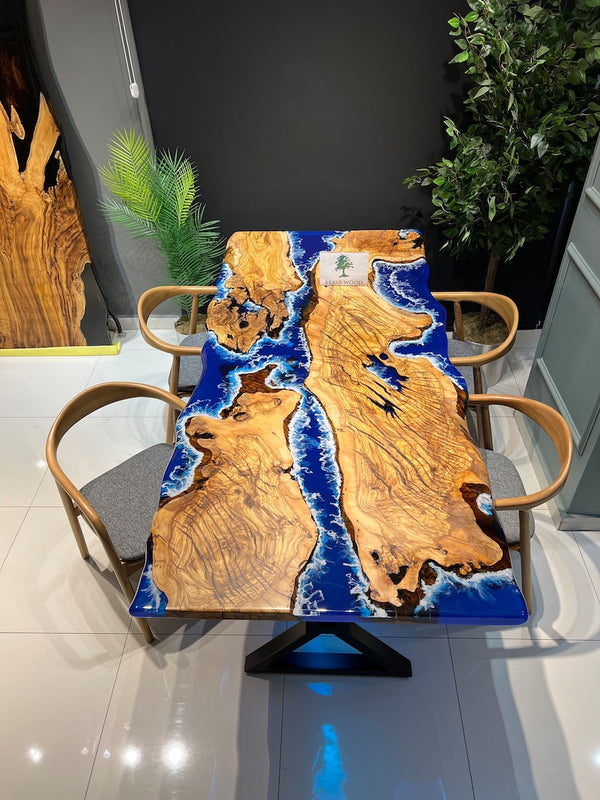 Blue epoxy with wave effect, Conference table, Epoxy olive table, Custom live edge epoxy resin dining table, Dining room table