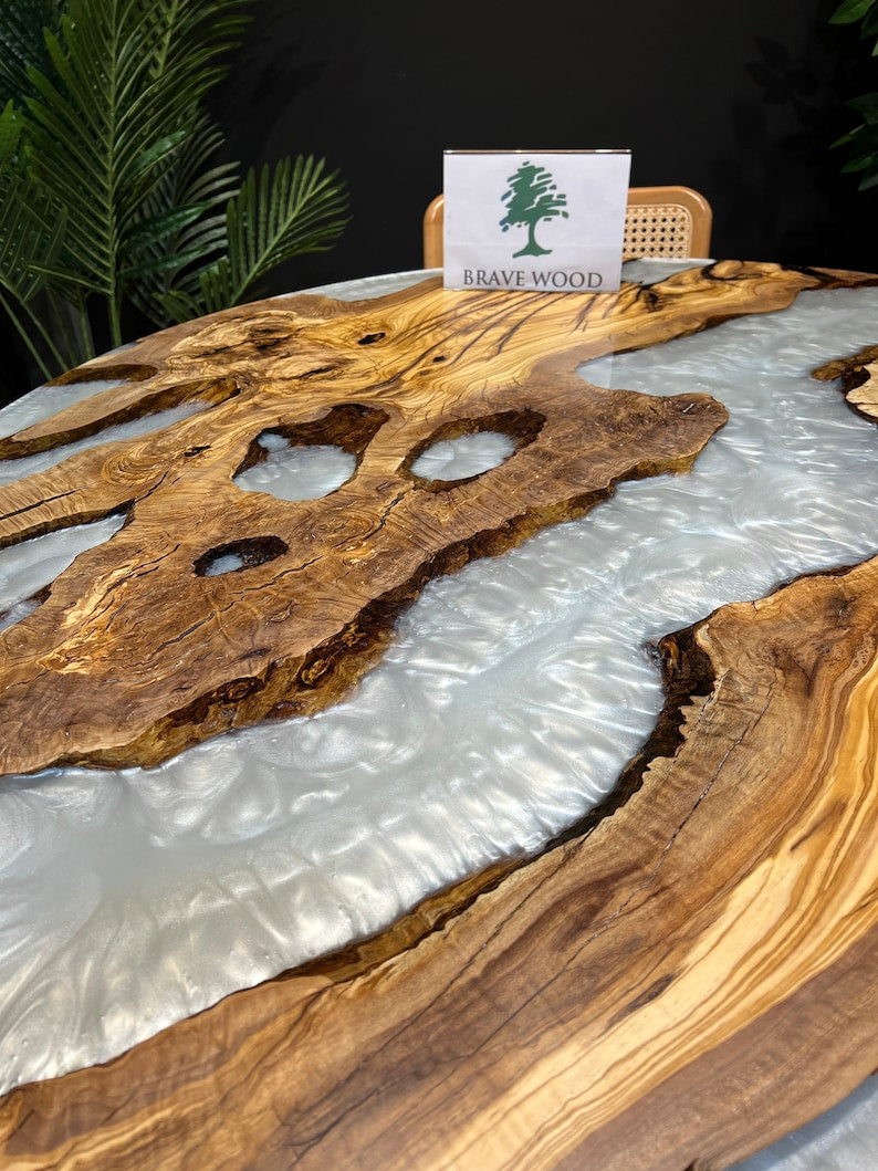 Round epoxy table, Pearl white epoxy, Round table, Custom round coffee table, Epoxy table, Epoxy coffee table, Olive wood,Olive table