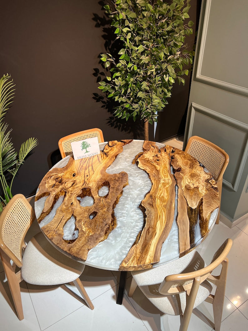 Round epoxy table, Pearl white epoxy, Round table, Custom round coffee table, Epoxy table, Epoxy coffee table, Olive wood,Olive table