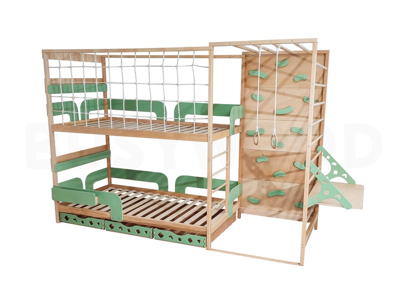 Toddler Twin 75x38 in Gym Bed, Bunk Bed, Montessori Bed for Twins, Montessori Furniture, Nursery Decor, Twin Bed Frame, Drawers, Toy Storage