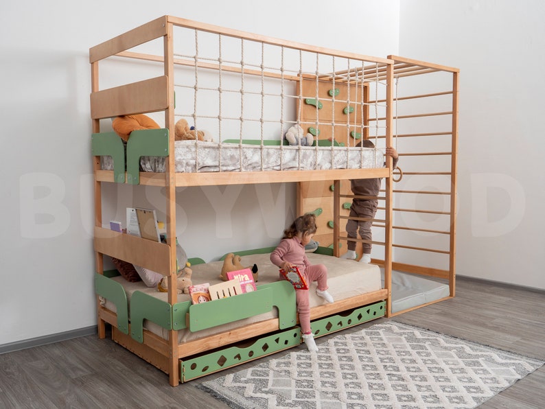 Toddler Twin 75x38 in Gym Bed, Bunk Bed, Montessori Bed for Twins, Montessori Furniture, Nursery Decor, Twin Bed Frame, Drawers, Toy Storage