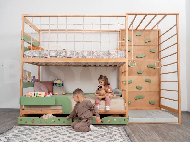 Toddler Twin 75x38 in Gym Bed, Bunk Bed, Montessori Bed for Twins, Montessori Furniture, Nursery Decor, Twin Bed Frame, Drawers, Toy Storage