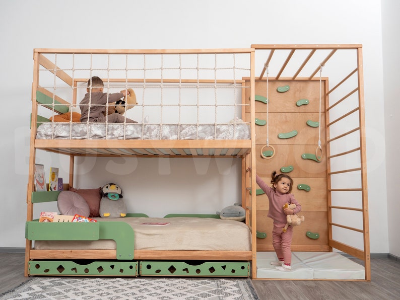 Toddler Twin 75x38 in Gym Bed, Bunk Bed, Montessori Bed for Twins, Montessori Furniture, Nursery Decor, Twin Bed Frame, Drawers, Toy Storage