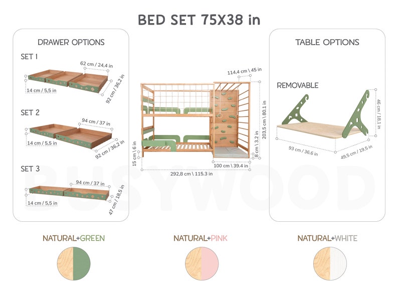 Toddler Twin 75x38 in Gym Bed, Bunk Bed, Montessori Bed for Twins, Montessori Furniture, Nursery Decor, Twin Bed Frame, Drawers, Toy Storage