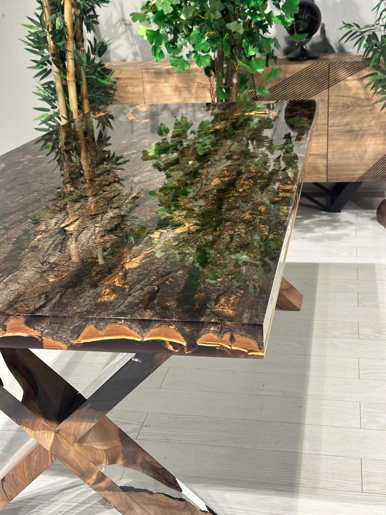 Exquisite Custom Tree Bark & Moss Epoxy Dining Table - Natural Resin Conference Table with Unique Epoxy Legs