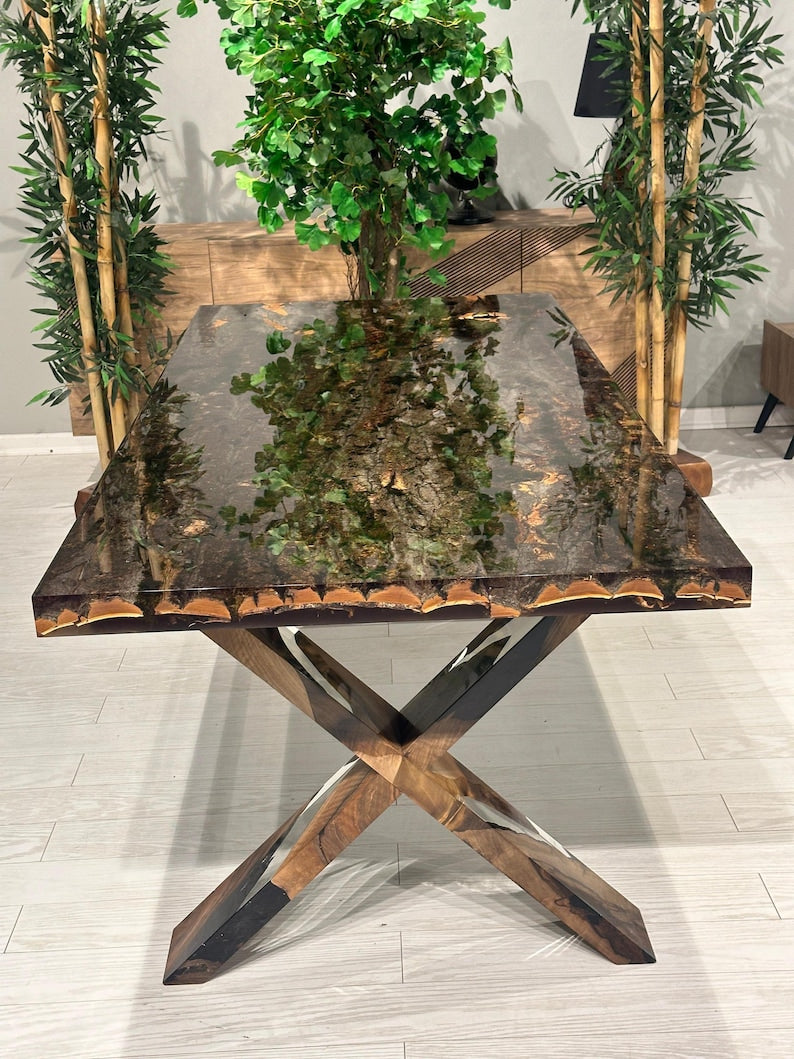Exquisite Custom Tree Bark & Moss Epoxy Dining Table - Natural Resin Conference Table with Unique Epoxy Legs