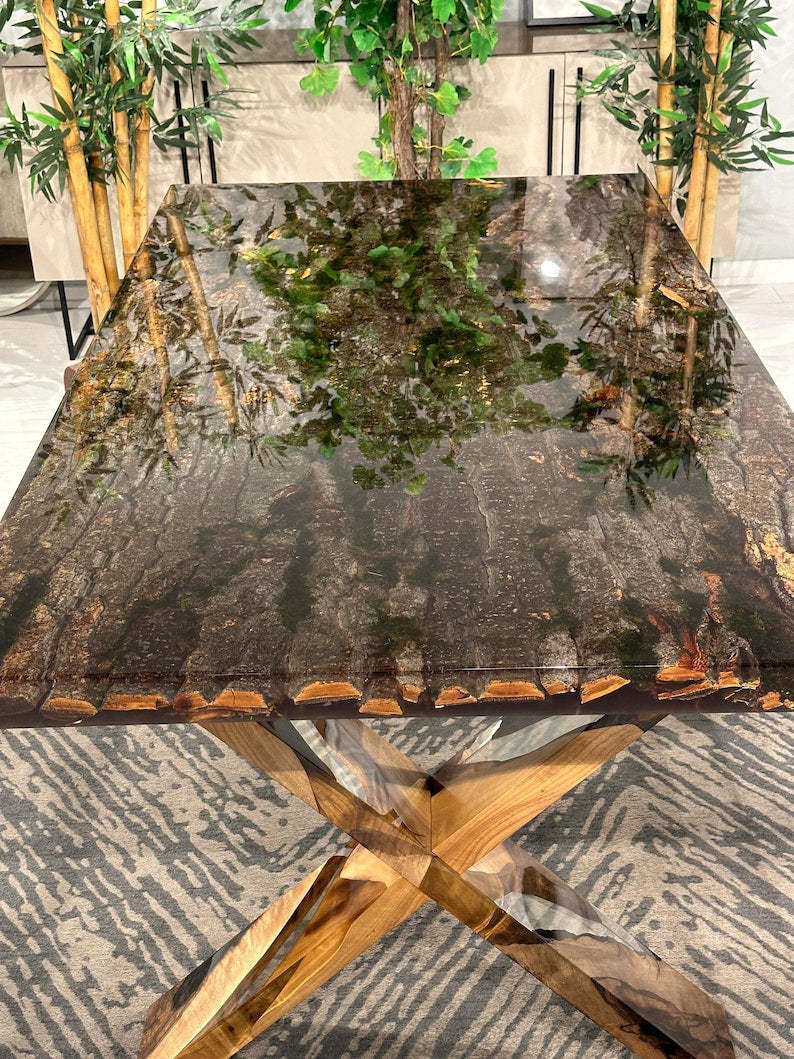 Exquisite Custom Tree Bark & Moss Epoxy Dining Table - Natural Resin Conference Table with Unique Epoxy Legs