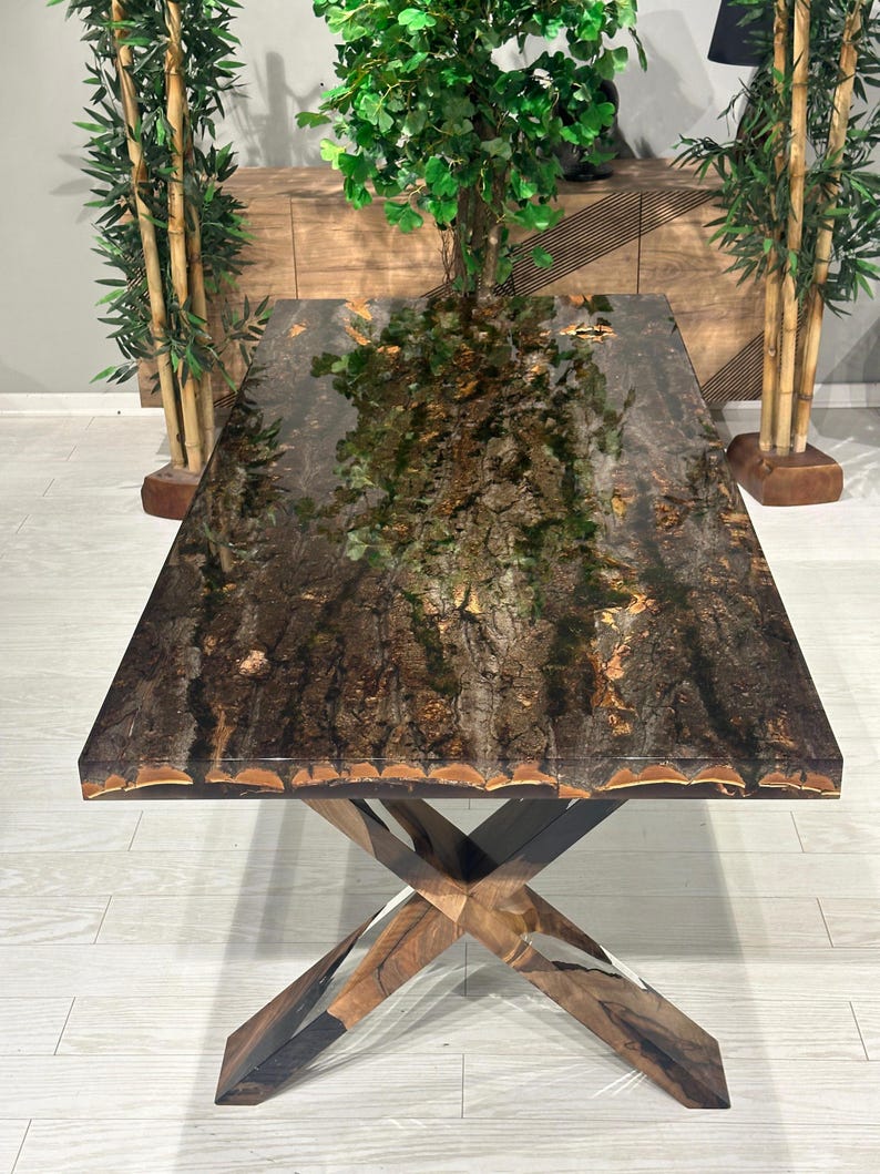 Exquisite Custom Tree Bark & Moss Epoxy Dining Table - Natural Resin Conference Table with Unique Epoxy Legs