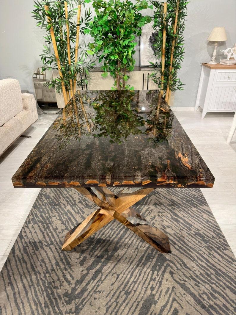 Exquisite Custom Tree Bark & Moss Epoxy Dining Table - Natural Resin Conference Table with Unique Epoxy Legs