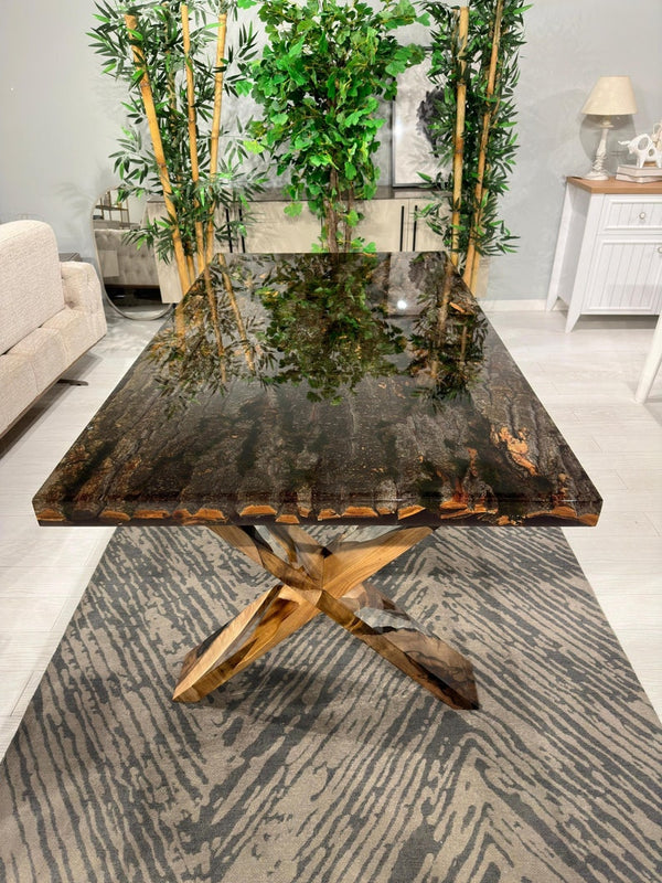 Exquisite Custom Tree Bark & Moss Epoxy Dining Table - Natural Resin Conference Table with Unique Epoxy Legs