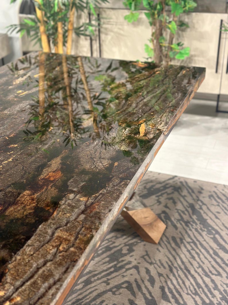 Exquisite Custom Tree Bark & Moss Epoxy Dining Table - Natural Resin Conference Table with Unique Epoxy Legs