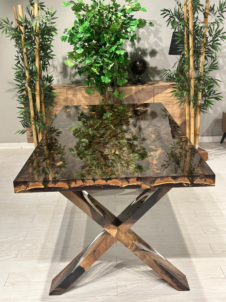 Exquisite Custom Tree Bark & Moss Epoxy Dining Table - Natural Resin Conference Table with Unique Epoxy Legs