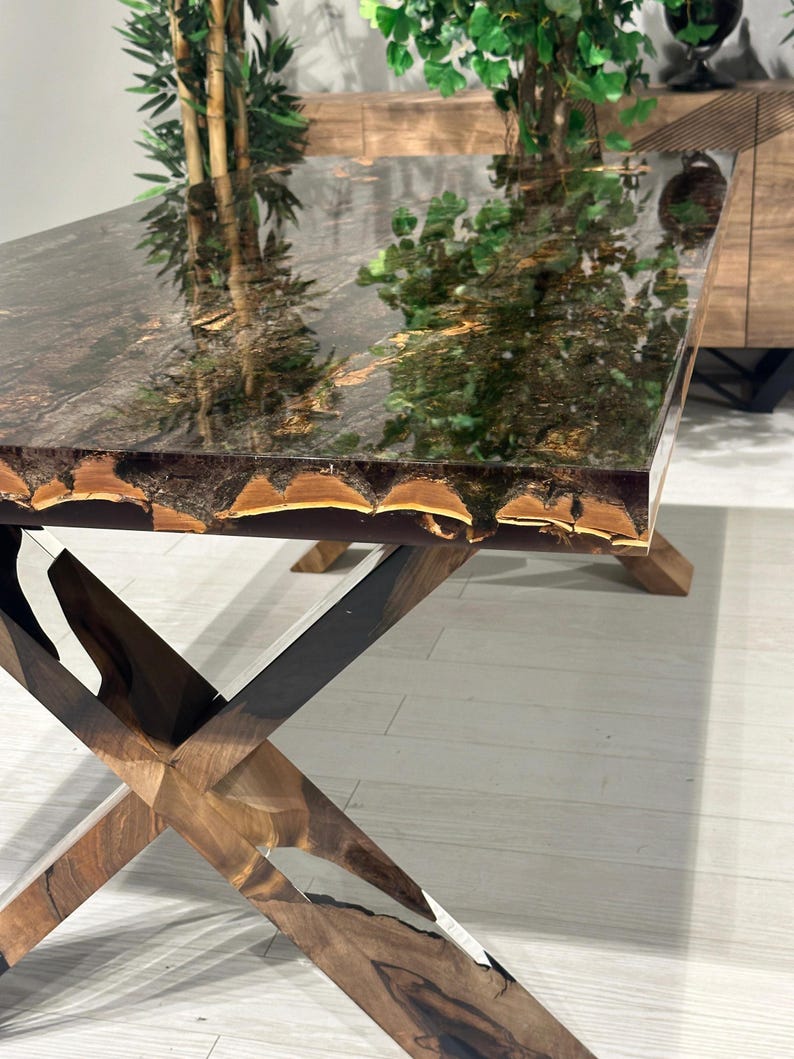 Exquisite Custom Tree Bark & Moss Epoxy Dining Table - Natural Resin Conference Table with Unique Epoxy Legs