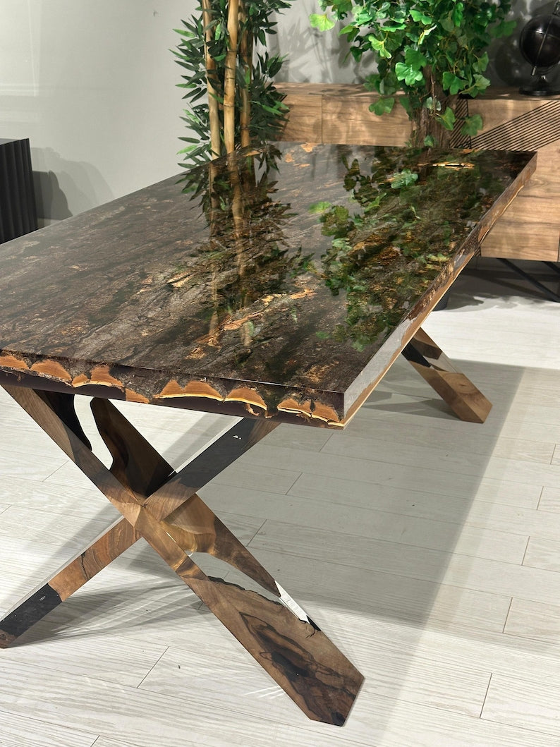Exquisite Custom Tree Bark & Moss Epoxy Dining Table - Natural Resin Conference Table with Unique Epoxy Legs