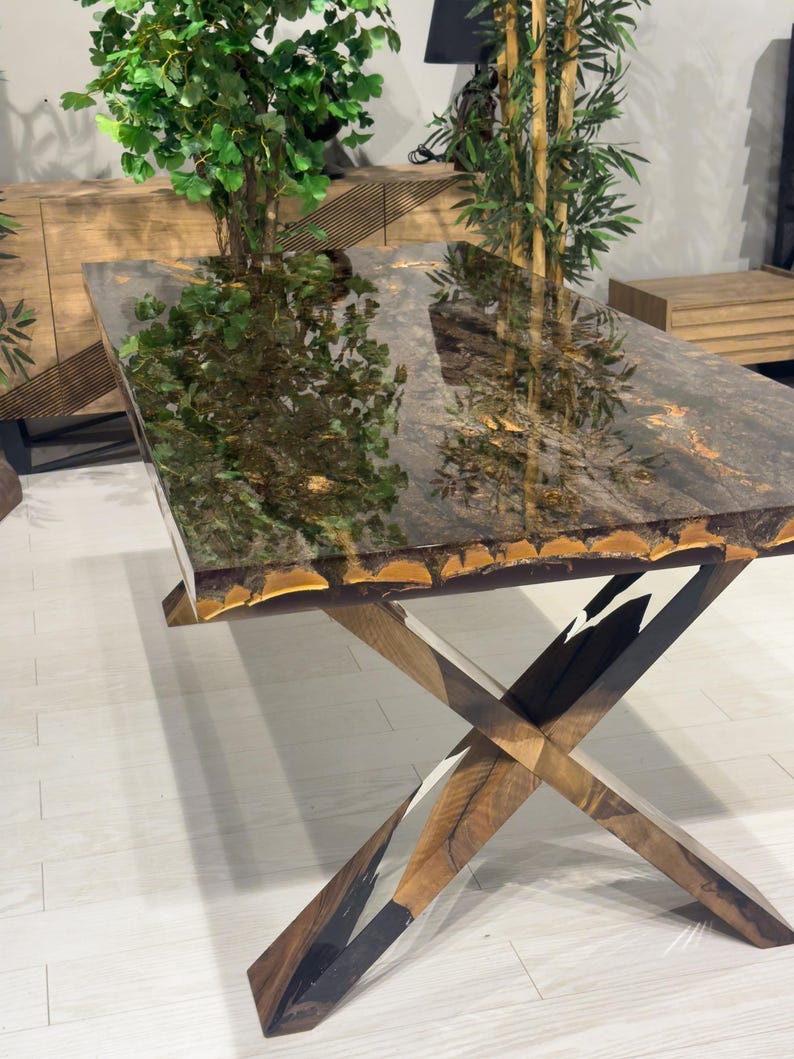 Exquisite Custom Tree Bark & Moss Epoxy Dining Table - Natural Resin Conference Table with Unique Epoxy Legs