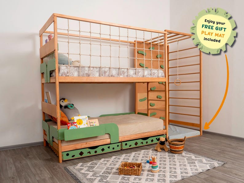 Toddler Twin 75x38 in Gym Bed, Bunk Bed, Montessori Bed for Twins, Montessori Furniture, Nursery Decor, Twin Bed Frame, Drawers, Toy Storage