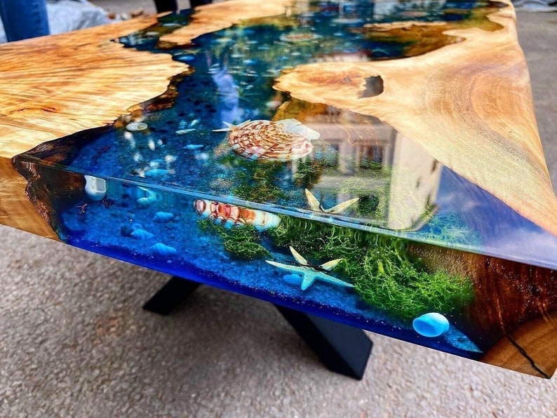 Custom Poplar Wood River Blue Green Tropical Design Aquarium Epoxy Dining Table, Ocean Resin Table, Coffee Table,Kitchen Table