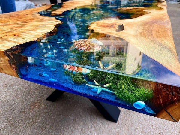 Custom Poplar Wood River Blue Green Tropical Design Aquarium Epoxy Dining Table, Ocean Resin Table, Coffee Table,Kitchen Table