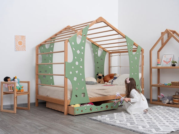 Montessori Monkey Bed: Toddler Climbing Bed Frame with Drawers & Indoor Playground - Natural Wood, Safe & Engaging