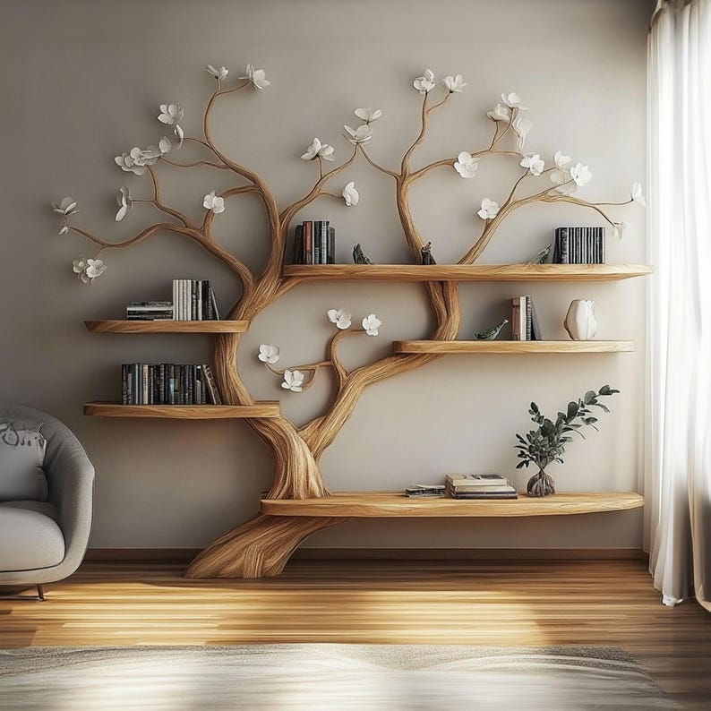 Handcrafted Live Edge Tree Branch Floating Shelves - Unique Rustic Wooden Bookshelf for Wall Decor