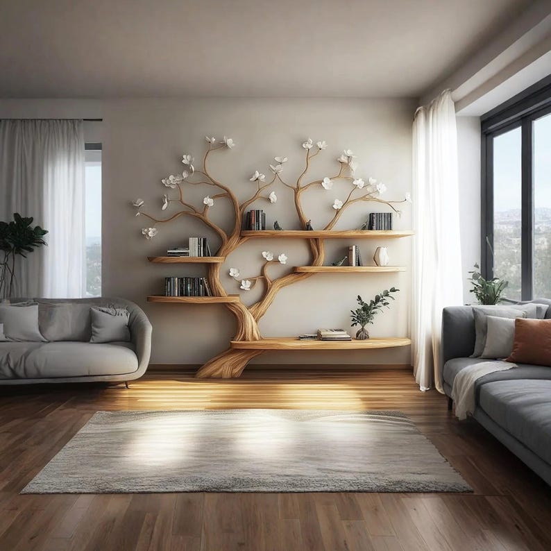 Handcrafted Live Edge Tree Branch Floating Shelves - Unique Rustic Wooden Bookshelf for Wall Decor