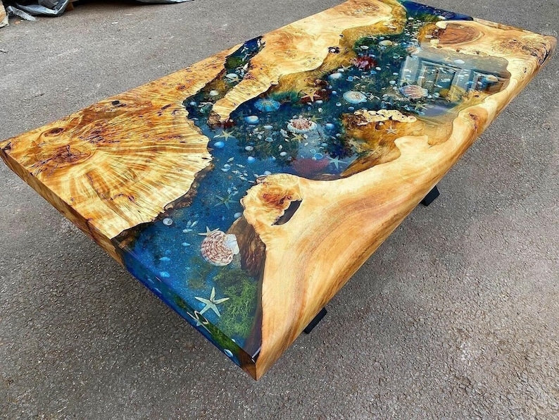 Custom Poplar Wood River Blue Green Tropical Design Aquarium Epoxy Dining Table, Ocean Resin Table, Coffee Table,Kitchen Table