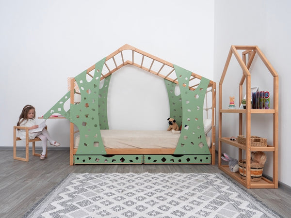 Busywood Montessori Toddler Bed with Legs and Monkey Set - Climbing Bed, Storage Bed, Nursery Decor, Engaging Wooden Furniture