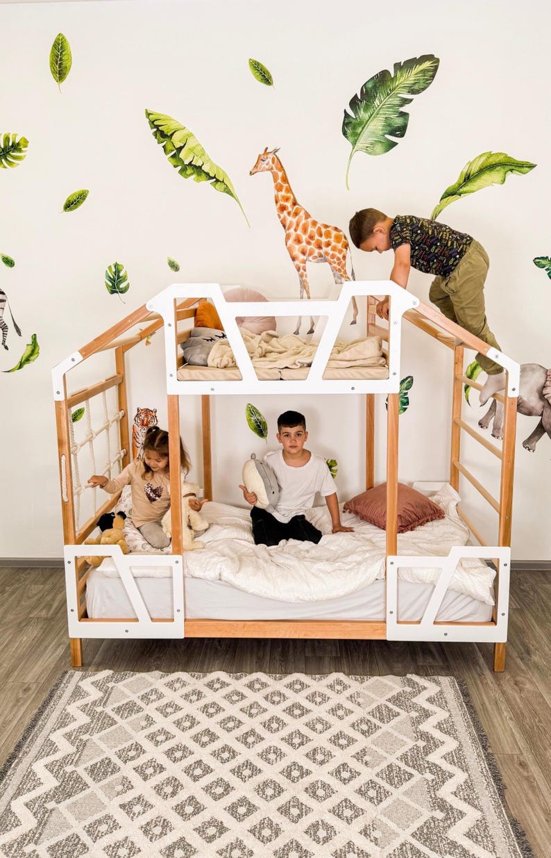 Montessori Toddler Tower Bed with Climbing Frame - Twin Size, Natural Wood for Indoor Play & Safe Sleep