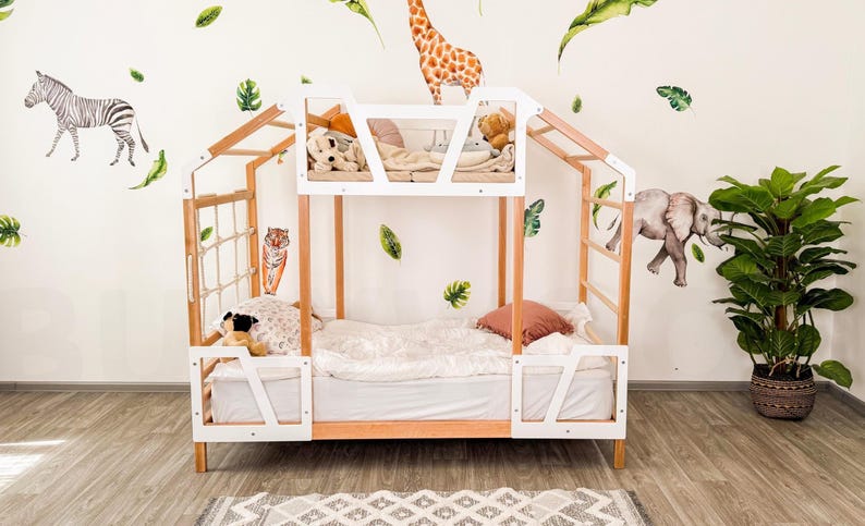 Montessori Toddler Tower Bed with Climbing Frame - Twin Size, Natural Wood for Indoor Play & Safe Sleep
