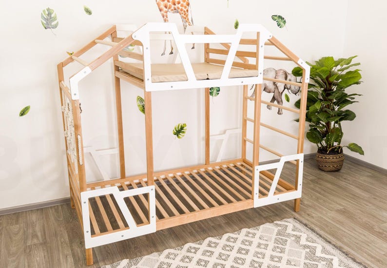 Montessori Toddler Tower Bed with Climbing Frame - Twin Size, Natural Wood for Indoor Play & Safe Sleep