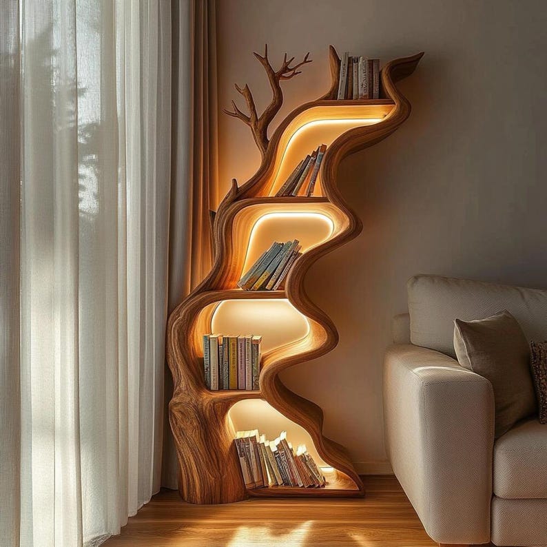 Rustic Live Edge Wooden Tree Bookshelf - Tall Wall Mounted Bookcase with Unique Multi-Tier Shelving for Modern Home Decor