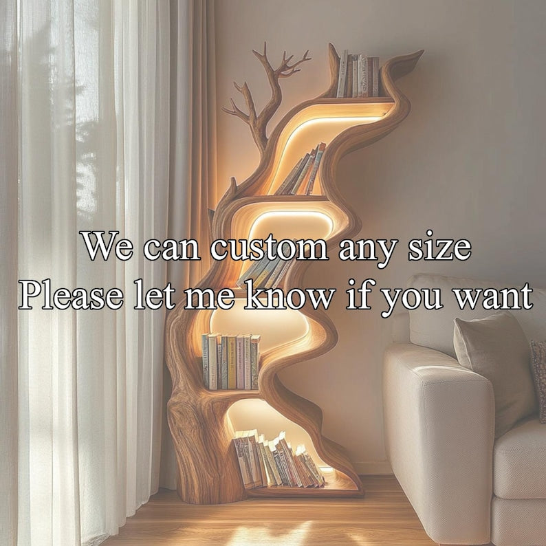 Rustic Live Edge Wooden Tree Bookshelf - Tall Wall Mounted Bookcase with Unique Multi-Tier Shelving for Modern Home Decor