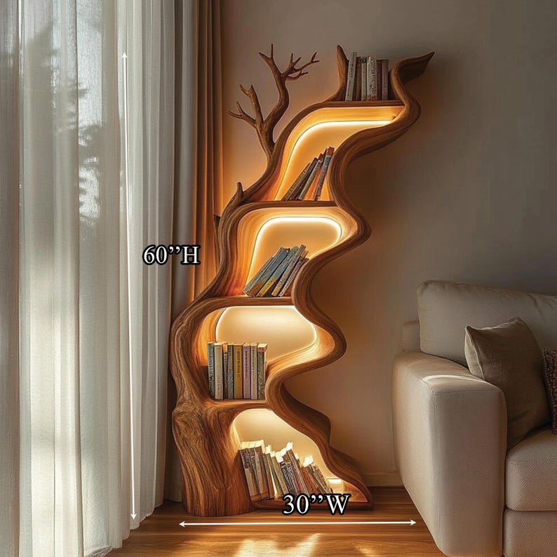 Rustic Live Edge Wooden Tree Bookshelf - Tall Wall Mounted Bookcase with Unique Multi-Tier Shelving for Modern Home Decor