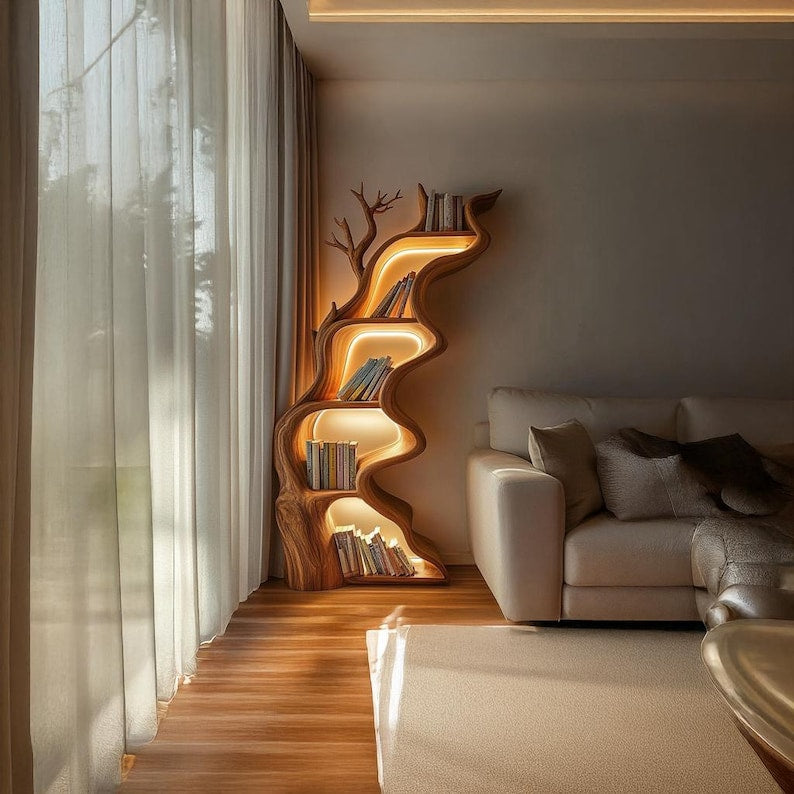 Rustic Live Edge Wooden Tree Bookshelf - Tall Wall Mounted Bookcase with Unique Multi-Tier Shelving for Modern Home Decor