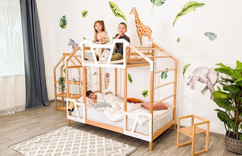 Montessori Toddler Tower Bed with Climbing Frame - Twin Size, Natural Wood for Indoor Play & Safe Sleep