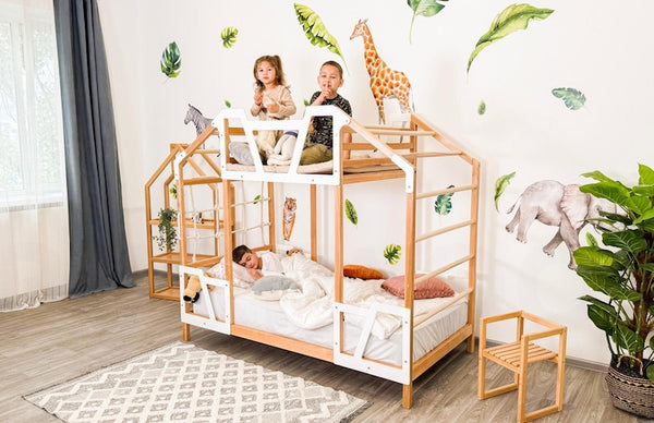 Montessori Toddler Tower Bed with Climbing Frame - Twin Size, Natural Wood for Indoor Play & Safe Sleep