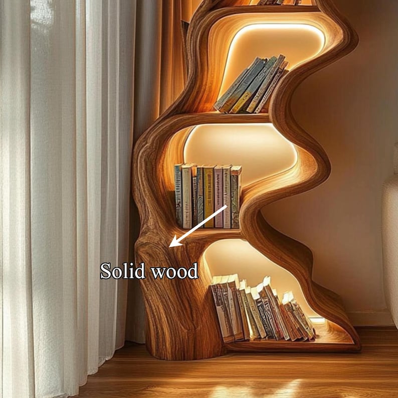 Rustic Live Edge Wooden Tree Bookshelf - Tall Wall Mounted Bookcase with Unique Multi-Tier Shelving for Modern Home Decor