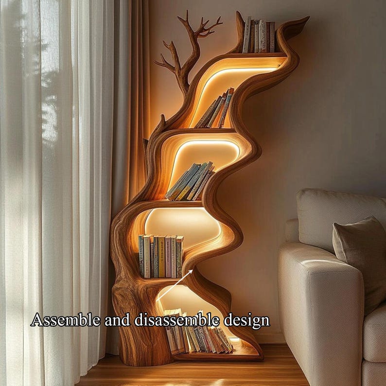 Rustic Live Edge Wooden Tree Bookshelf - Tall Wall Mounted Bookcase with Unique Multi-Tier Shelving for Modern Home Decor