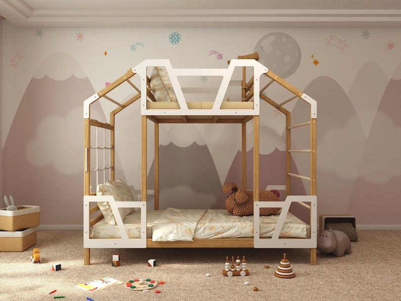 Toddler Montessori Tower Bed: Convertible Bunk Bed Frame with Twin Size, Ideal for Nursery Decor, Kids Playroom, and Indoor Playground Adventures